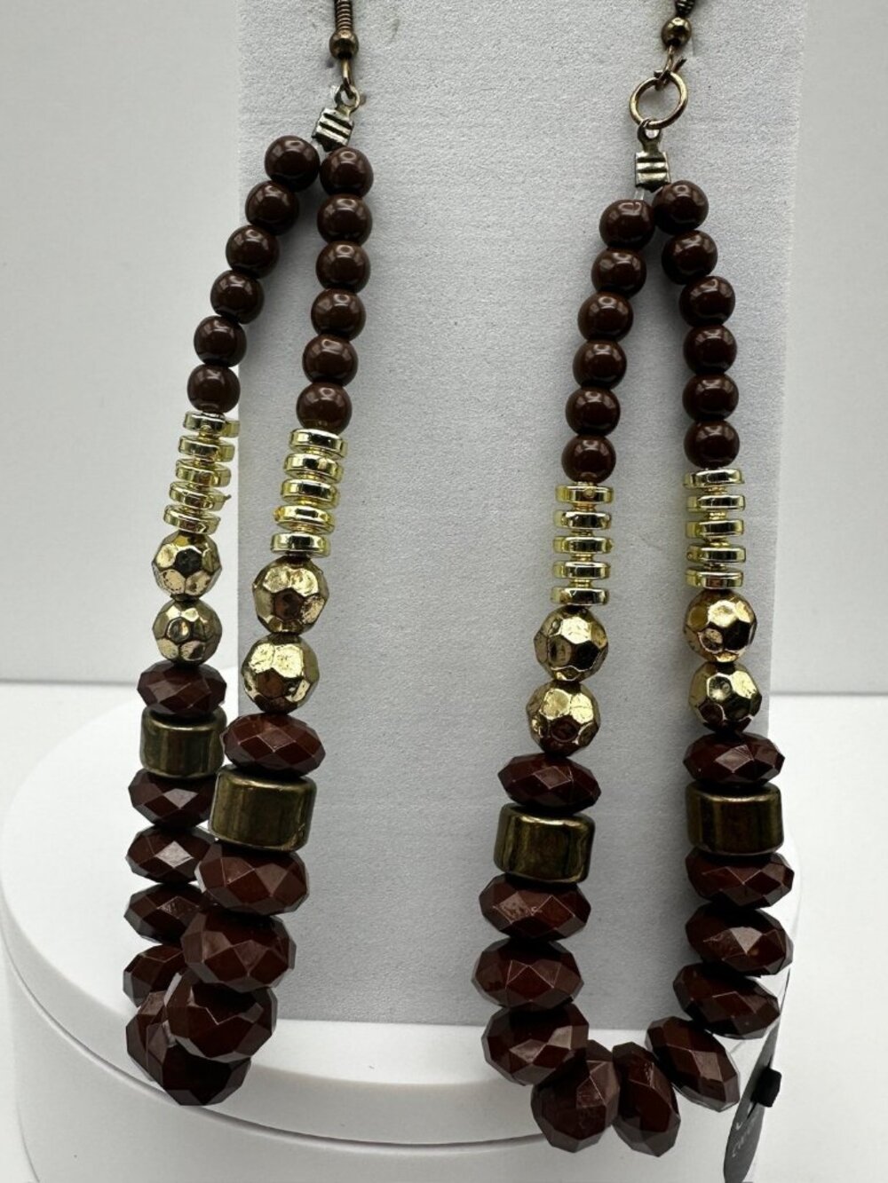 Vintage 90s Boho Brown Beaded Statement Dangle Earrings Gold Tone Large Fashion